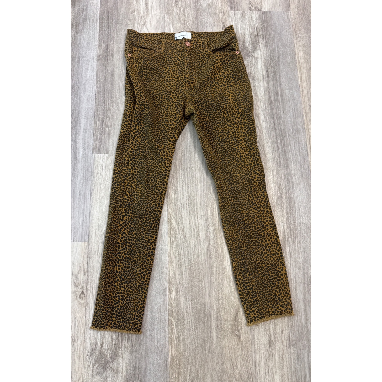 Current/Elliott Leopard Print High Rise Skinny Jeans Raw Hem Size 27 Mustard